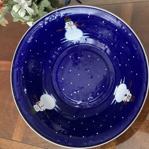 Vintage Enamel Snowman Serving Bowl Winter Holiday Blue EnamelWare Large Dish